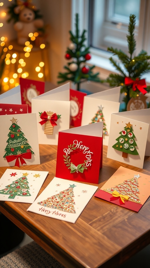 A variety of handmade Christmas cards with festive designs on a wooden table, surrounded by holiday decorations.